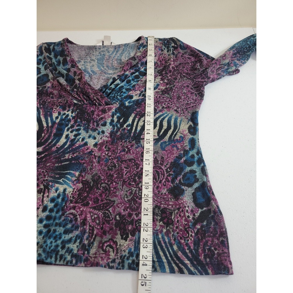 Christopher & Banks Top Animal Print Paisley Faux Wrap V-Neck Purple Teal Large - Picture 8 of 12